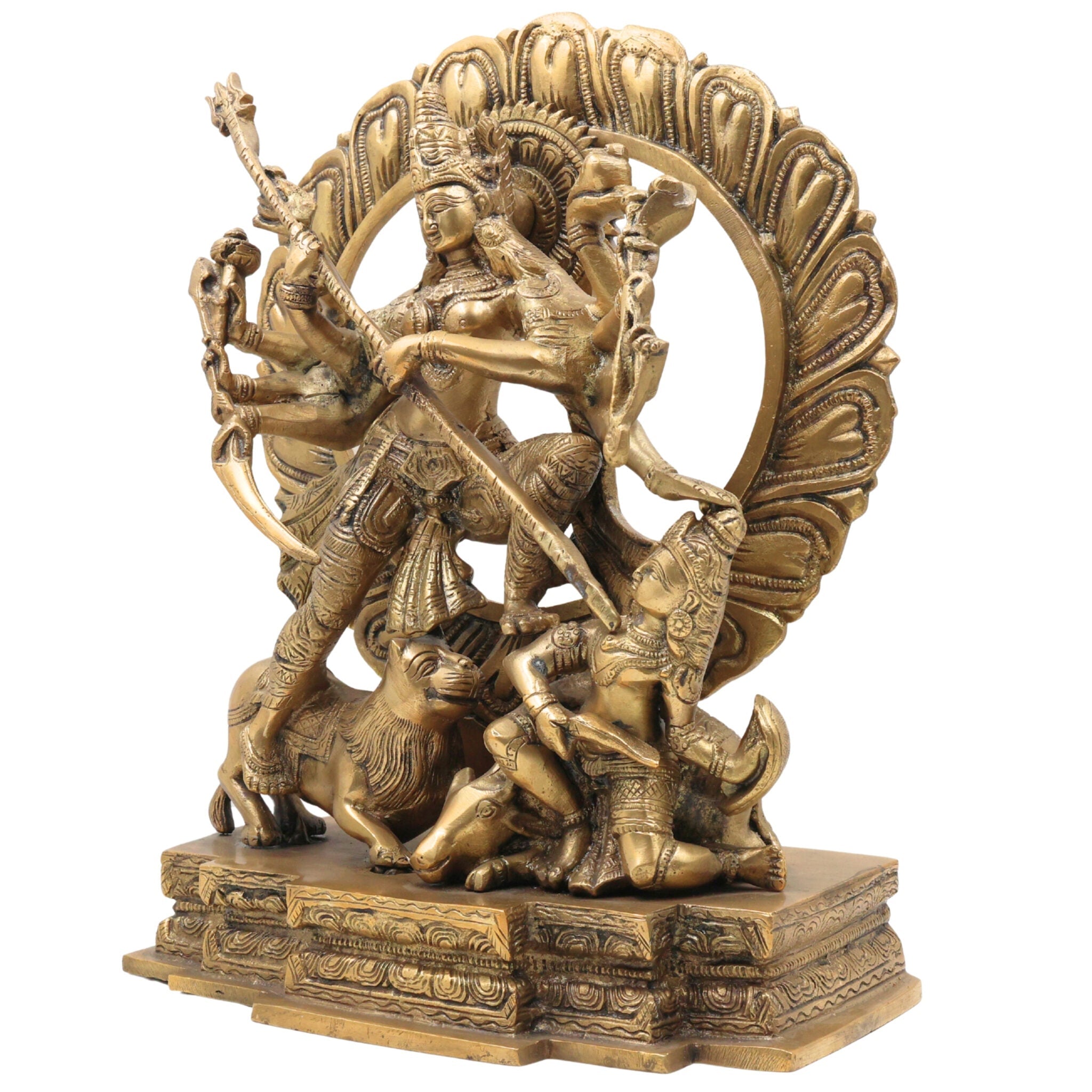 Brass Durga Devi Idol – Mahishasura Mardini | Shakti | Chamundeshwari | Vaishno Devi | Tulja Bhavani | Antique Pital Murti for Pooja & Home Decor, Gold, 13 Inch, 1 Piece