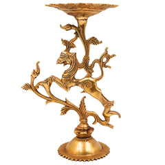 Brass Yali Stand Peetha, Vyala Lion Singhasan Chowki, Traditional Peetal Pittal Yali Pooja Pedestal, Dravidian Temple Yali Idol Base for Mandir Decor, Gold, 9.5 Inch, 1 Piece
