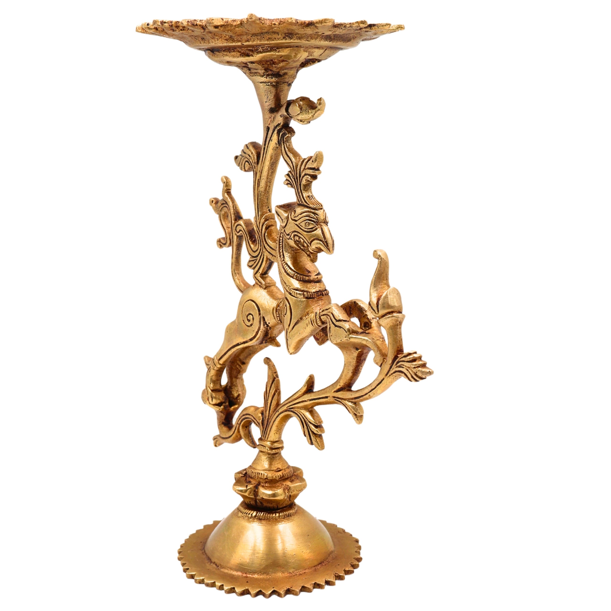 Brass Yali Stand Peetha, Vyala Lion Singhasan Chowki, Traditional Peetal Pittal Yali Pooja Pedestal, Dravidian Temple Yali Idol Base for Mandir Decor, Gold, 9.5 Inch, 1 Piece
