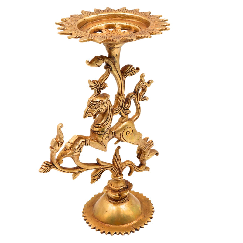 Brass Yali Stand Peetha, Vyala Lion Singhasan Chowki, Traditional Peetal Pittal Yali Pooja Pedestal, Dravidian Temple Yali Idol Base for Mandir Decor, Gold, 9.5 Inch, 1 Piece