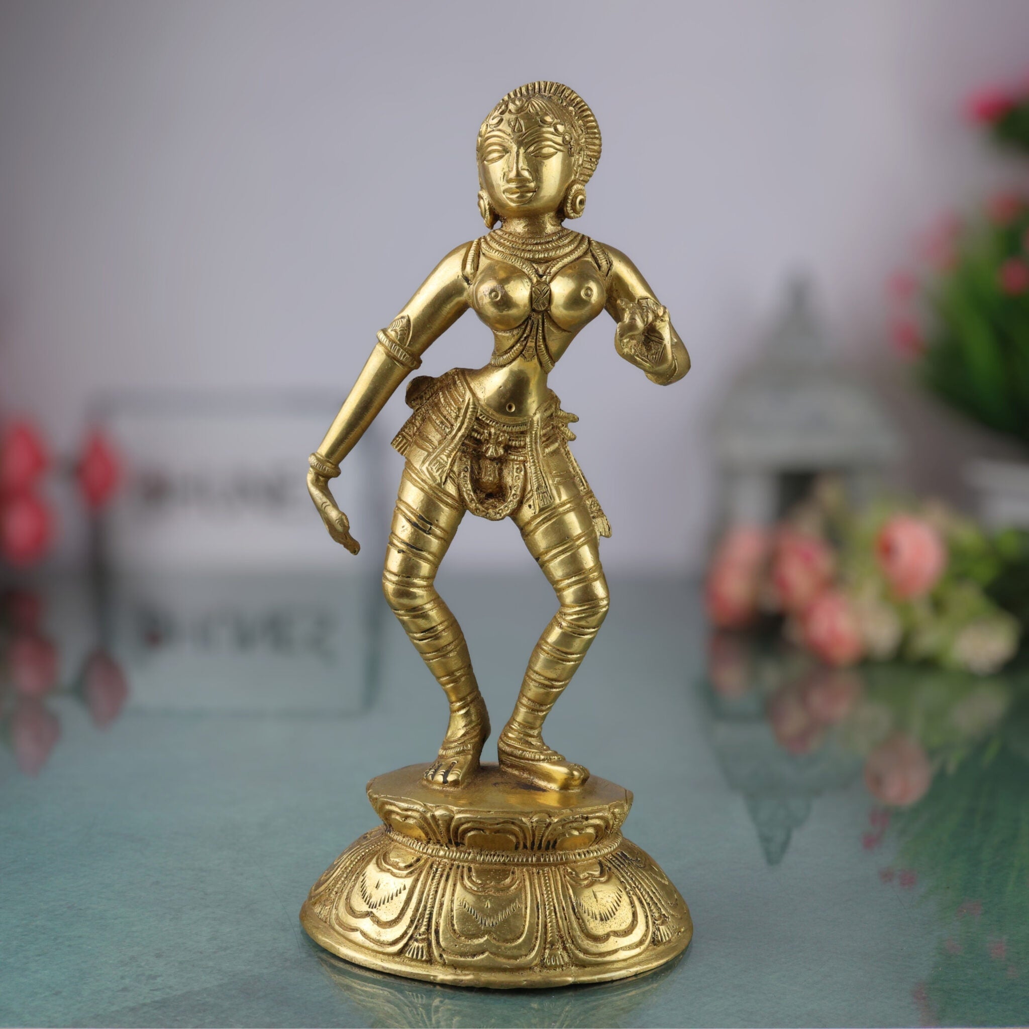 Brass Apsara Idol, Peetal Devangana Murti, Pital Urvashi Menaka Statue, Handcrafted Swargiya Sundari Nartaki Figurine, Black, 9.5 Inch, 1 Piece