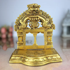 Handcrafted Brass Pooja Chowki with Prabhavali, Traditional Mandapam Singhasan Peetha Bajot Patta for Home Mandir & Temple Decor, Gold, 7 Inch, 1 Piece