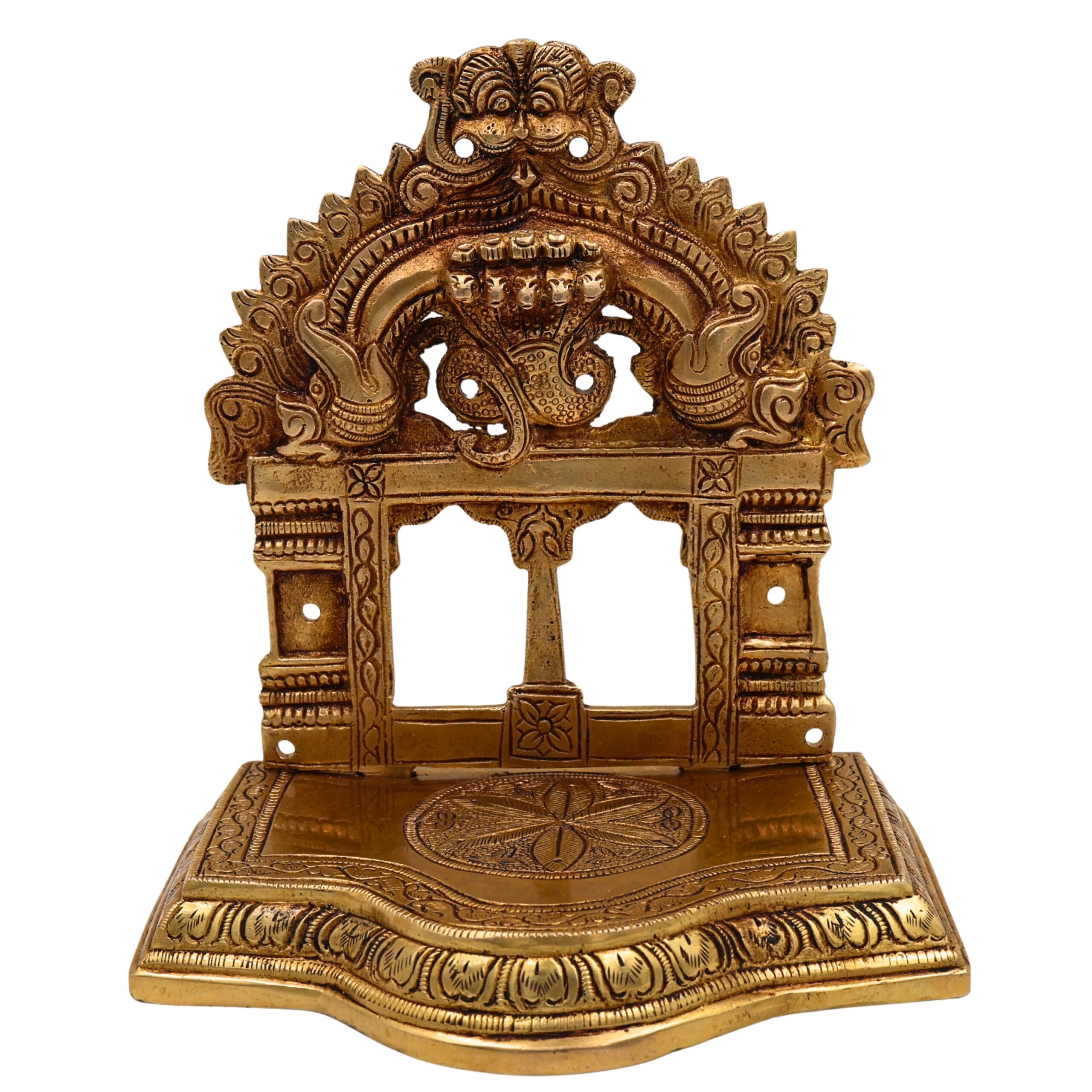 Handcrafted Brass Pooja Chowki with Prabhavali, Traditional Mandapam Singhasan Peetha Bajot Patta for Home Mandir & Temple Decor, Gold, 7 Inch, 1 Piece