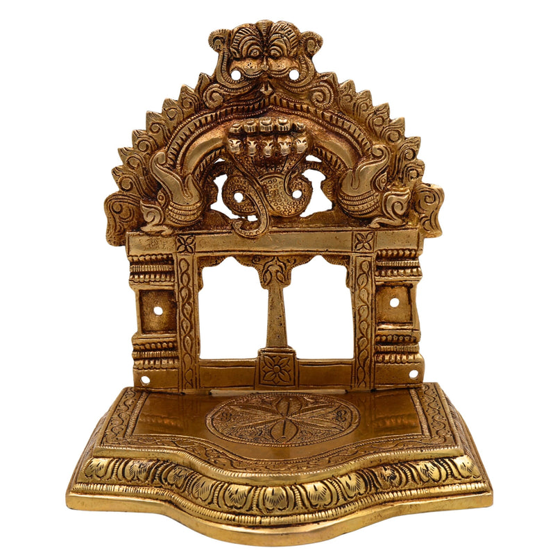 Handcrafted Brass Pooja Chowki with Prabhavali, Traditional Mandapam Singhasan Peetha Bajot Patta for Home Mandir & Temple Decor, Gold, 7 Inch, 1 Piece