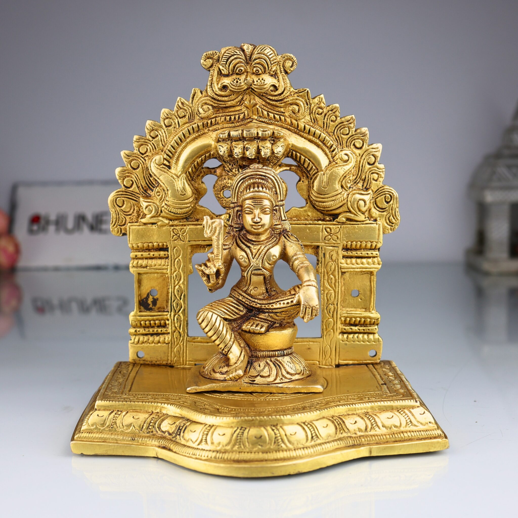 Brass Aiyanar Idol with Peetam & Prabhavali , Tamil Village Guardian God, Ayyanar Shasta Dharma Sastha Kuladeivam Kaaval Deivam Sculpture, Gold, 7 Inch, 1 Piece
