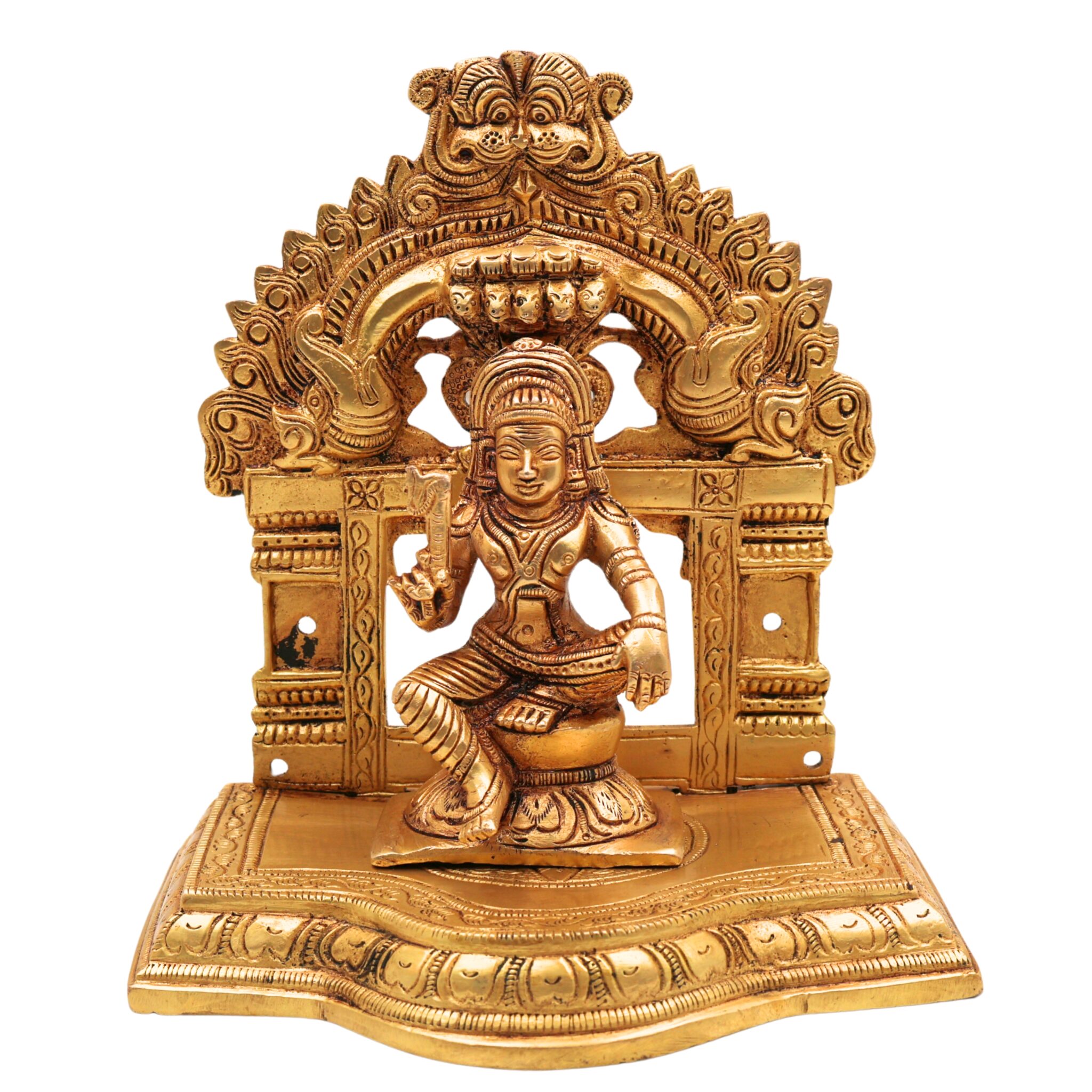 Brass Aiyanar Idol with Peetam & Prabhavali , Tamil Village Guardian God, Ayyanar Shasta Dharma Sastha Kuladeivam Kaaval Deivam Sculpture, Gold, 7 Inch, 1 Piece