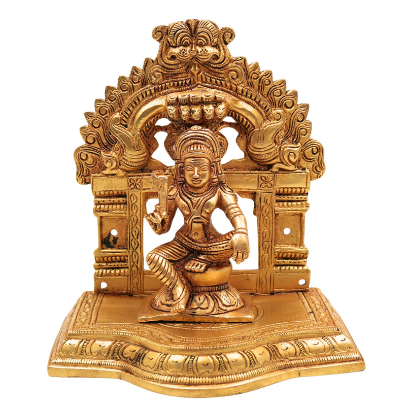 Brass Aiyanar Idol with Peetam & Prabhavali , Tamil Village Guardian God, Ayyanar Shasta Dharma Sastha Kuladeivam Kaaval Deivam Sculpture, Gold, 7 Inch, 1 Piece