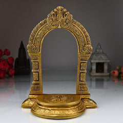 Brass Shinghashan with Prabhavali, Handmade Deities Chowki Peetha Peeta Peetham Bajot for Temple Sinhasan, Pooja Mandir Stand with Decorative Frame, Gold, 10.5 Inch, 1 Piece