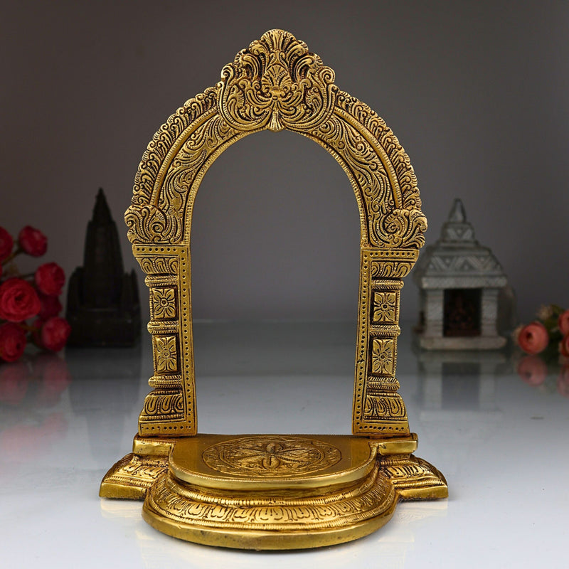 Brass Shinghashan with Prabhavali, Handmade Deities Chowki Peetha Peeta Peetham Bajot for Temple Sinhasan, Pooja Mandir Stand with Decorative Frame, Gold, 10.5 Inch, 1 Piece