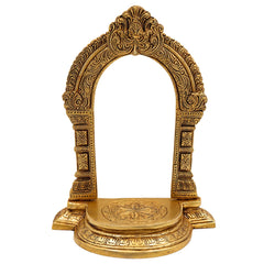 Brass Shinghashan with Prabhavali, Handmade Deities Chowki Peetha Peeta Peetham Bajot for Temple Sinhasan, Pooja Mandir Stand with Decorative Frame, Gold, 10.5 Inch, 1 Piece