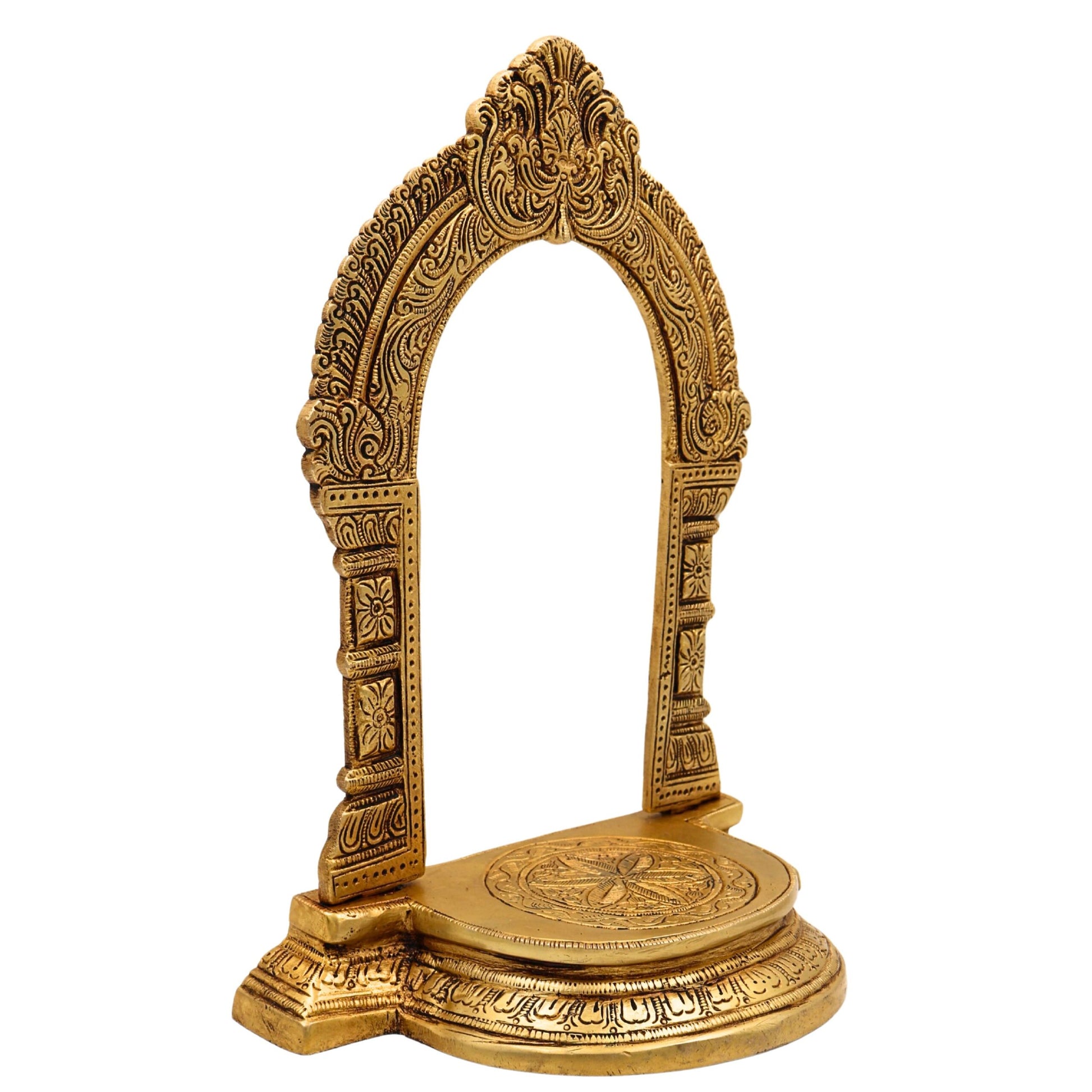 Brass Shinghashan with Prabhavali, Handmade Deities Chowki Peetha Peeta Peetham Bajot for Temple Sinhasan, Pooja Mandir Stand with Decorative Frame, Gold, 10.5 Inch, 1 Piece