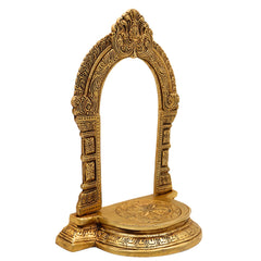 Brass Shinghashan with Prabhavali, Handmade Deities Chowki Peetha Peeta Peetham Bajot for Temple Sinhasan, Pooja Mandir Stand with Decorative Frame, Gold, 10.5 Inch, 1 Piece