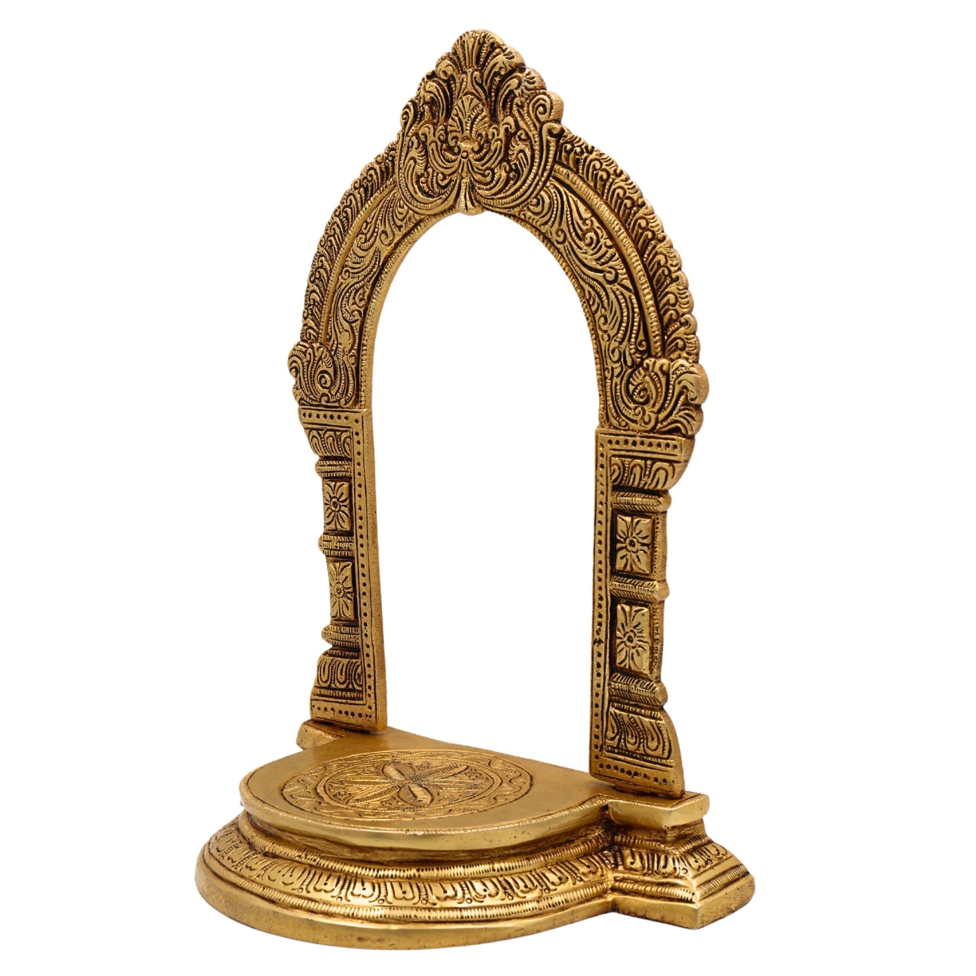Brass Shinghashan with Prabhavali, Handmade Deities Chowki Peetha Peeta Peetham Bajot for Temple Sinhasan, Pooja Mandir Stand with Decorative Frame, Gold, 10.5 Inch, 1 Piece