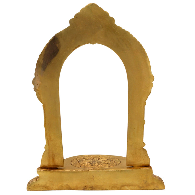 Brass Shinghashan with Prabhavali, Handmade Deities Chowki Peetha Peeta Peetham Bajot for Temple Sinhasan, Pooja Mandir Stand with Decorative Frame, Gold, 10.5 Inch, 1 Piece