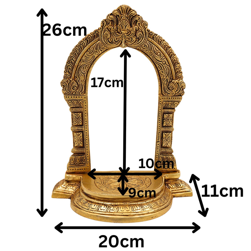 Brass Shinghashan with Prabhavali, Handmade Deities Chowki Peetha Peeta Peetham Bajot for Temple Sinhasan, Pooja Mandir Stand with Decorative Frame, Gold, 10.5 Inch, 1 Piece