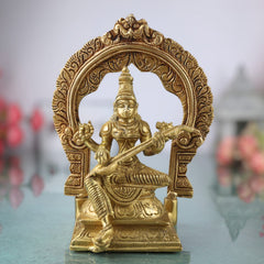 Brass Saraswati Idol, Peetal Sharada Devi Murti, Vani Vagdevi Statue, Bharati Saraswati Mata Vigraha for Pooja & Home Decor, Gold, 7 Inch, 1 Piece
