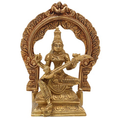 Brass Saraswati Idol, Peetal Sharada Devi Murti, Vani Vagdevi Statue, Bharati Saraswati Mata Vigraha for Pooja & Home Decor, Gold, 7 Inch, 1 Piece