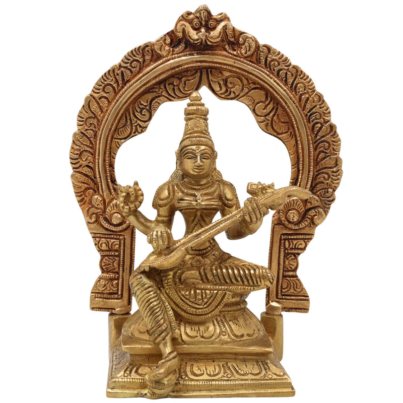 Brass Saraswati Idol, Peetal Sharada Devi Murti, Vani Vagdevi Statue, Bharati Saraswati Mata Vigraha for Pooja & Home Decor, Gold, 7 Inch, 1 Piece