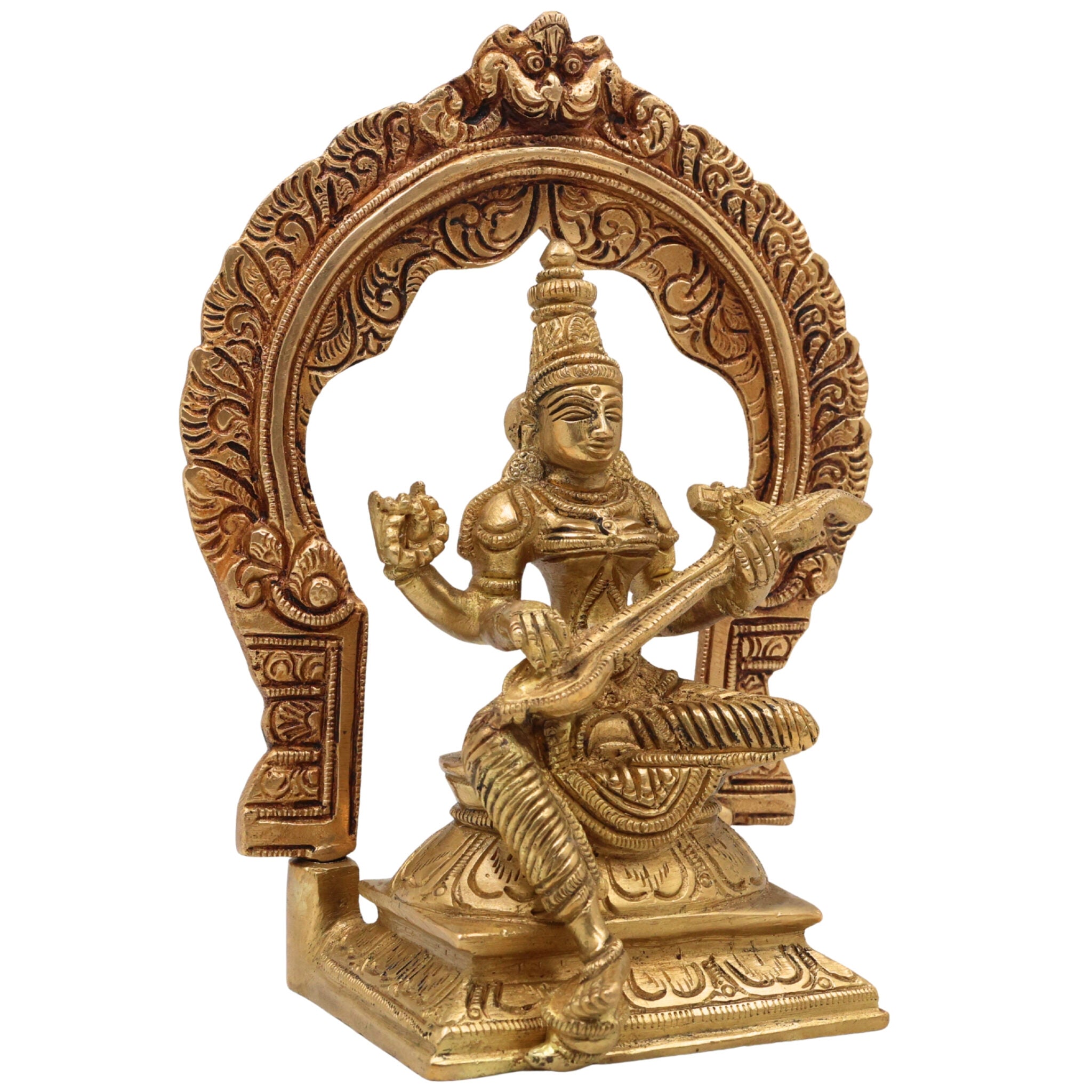Brass Saraswati Idol, Peetal Sharada Devi Murti, Vani Vagdevi Statue, Bharati Saraswati Mata Vigraha for Pooja & Home Decor, Gold, 7 Inch, 1 Piece