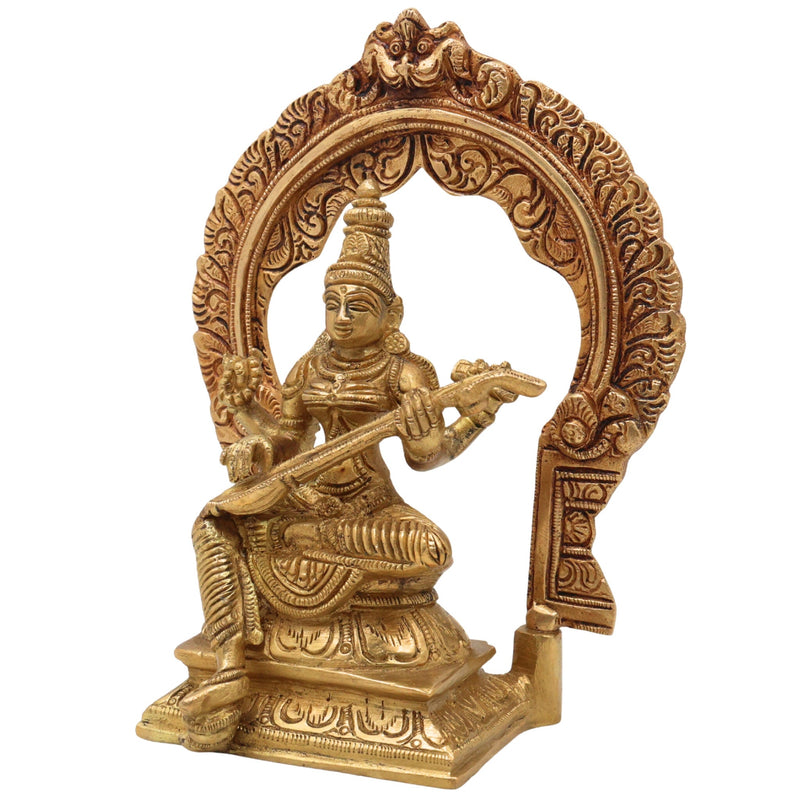 Brass Saraswati Idol, Peetal Sharada Devi Murti, Vani Vagdevi Statue, Bharati Saraswati Mata Vigraha for Pooja & Home Decor, Gold, 7 Inch, 1 Piece