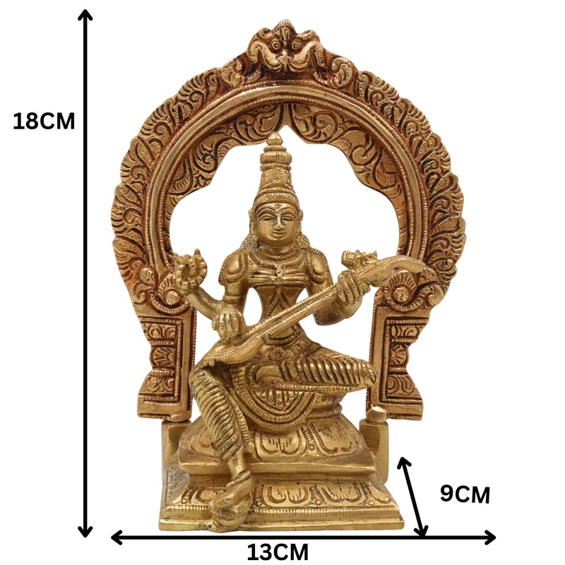 Brass Saraswati Idol, Peetal Sharada Devi Murti, Vani Vagdevi Statue, Bharati Saraswati Mata Vigraha for Pooja & Home Decor, Gold, 7 Inch, 1 Piece