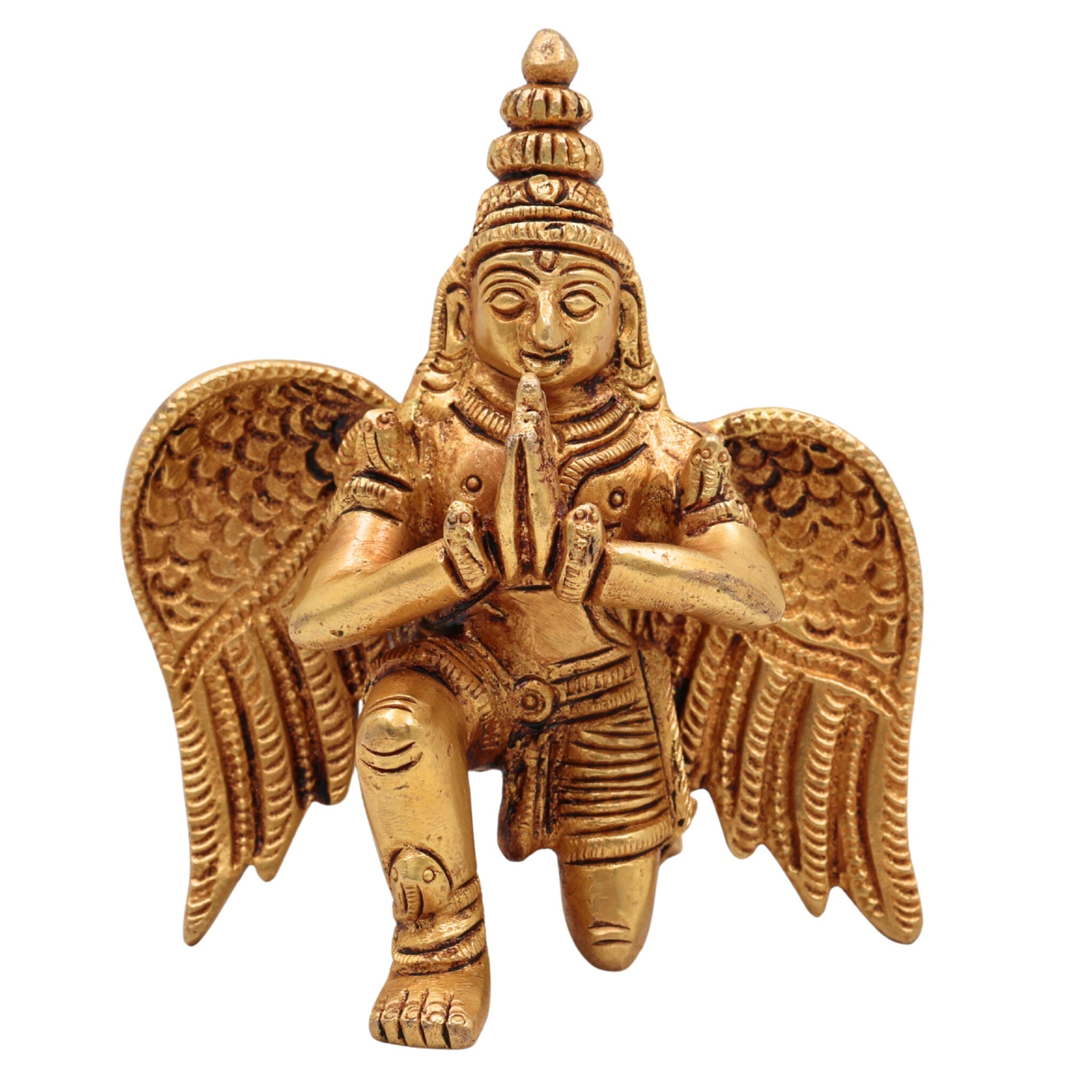 Brass Garuda Dev Idol – Vishnu Vahana | Garuthman | Pakshiraj | Suparna | Peetal Sitting Murti for Home Temple & Pooja Decor, Gold, 4.5 Inch, 1 Piece
