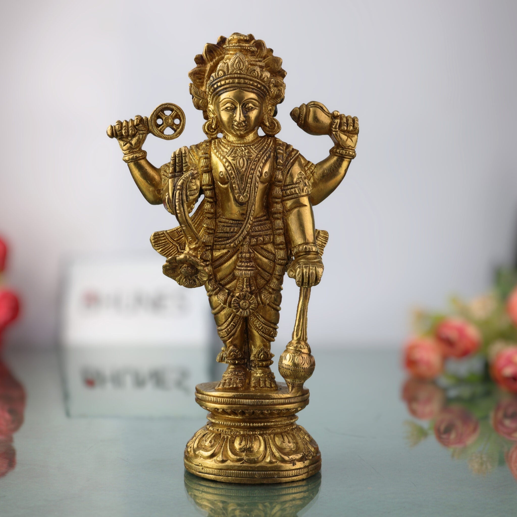 Brass Vishnu Idol | Narayana Murti | Venkateswara Balaji Statue | Govinda Hari Padmanabha Murti | Home Decor, Pooja, Gift, Spiritual Sculpture, Gold, 8 Inch, 1 Piece