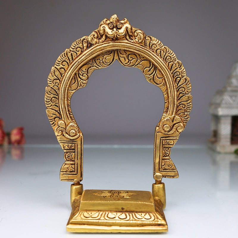 Brass Chowki with Prabhavali, Singhasan with Arch, Peetha Bajot Deity Platform for Temple Pooja Mandir, Gold, 7 Inch, 1 Piece
