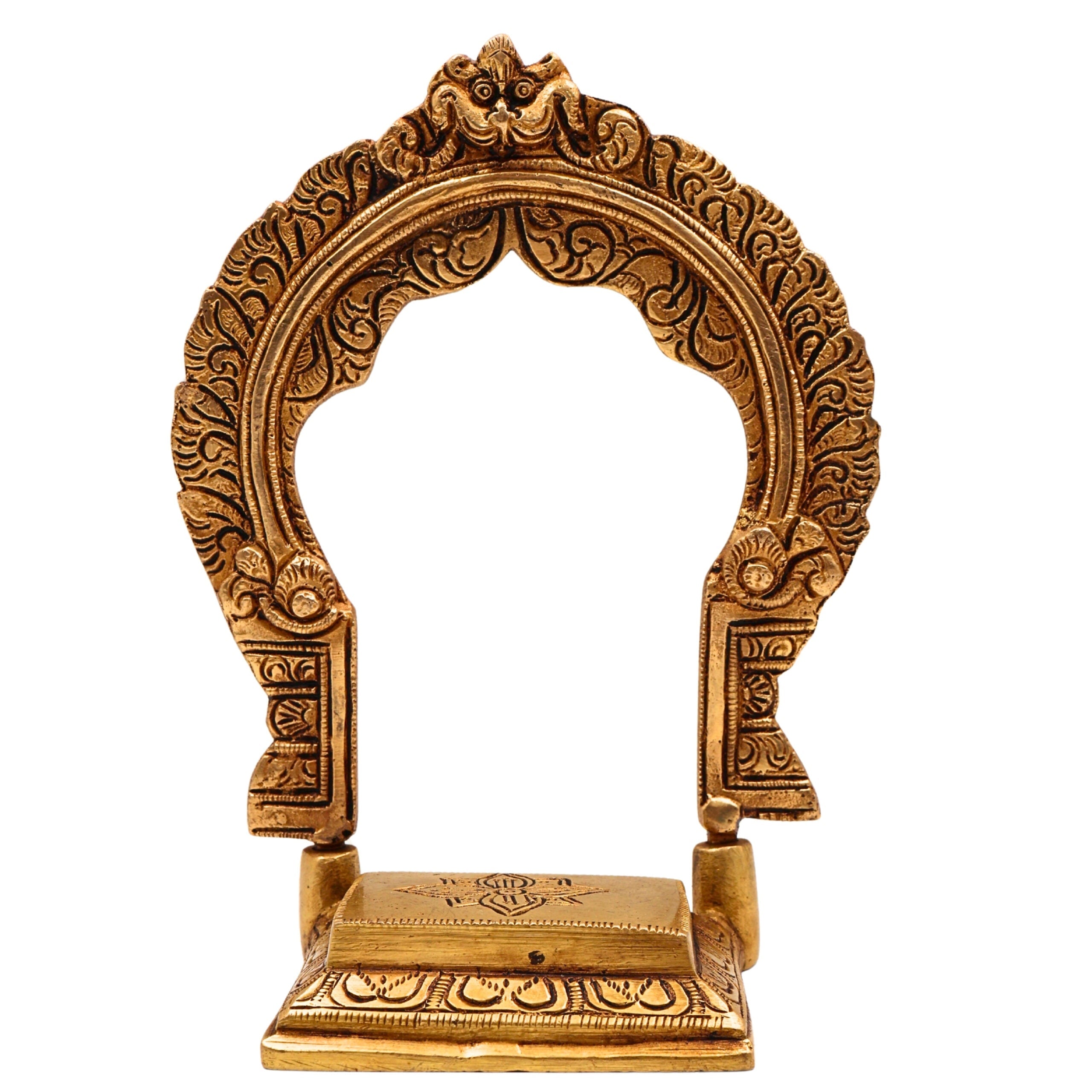 Brass Chowki with Prabhavali, Singhasan with Arch, Peetha Bajot Deity Platform for Temple Pooja Mandir, Gold, 7 Inch, 1 Piece