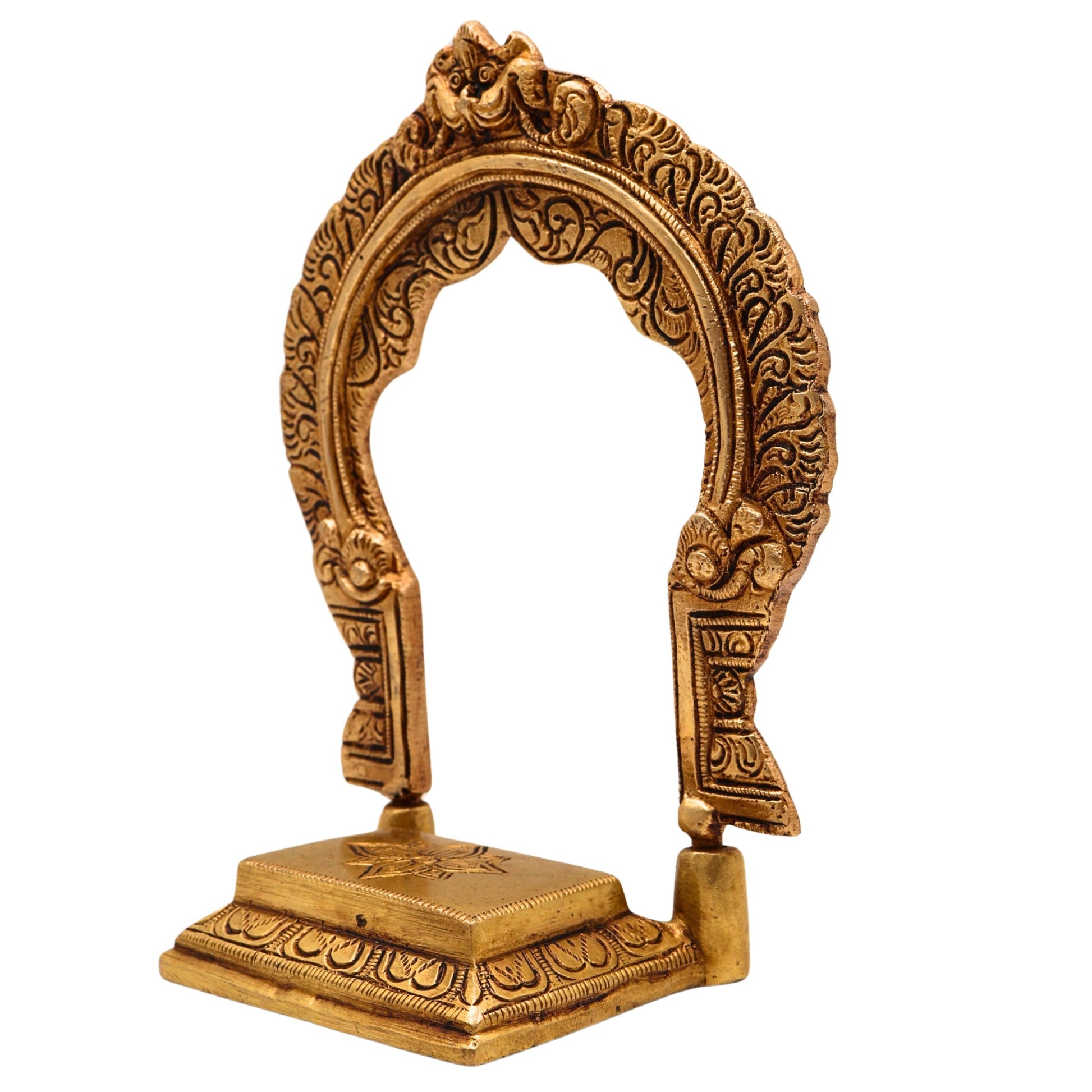 Brass Chowki with Prabhavali, Singhasan with Arch, Peetha Bajot Deity Platform for Temple Pooja Mandir, Gold, 7 Inch, 1 Piece