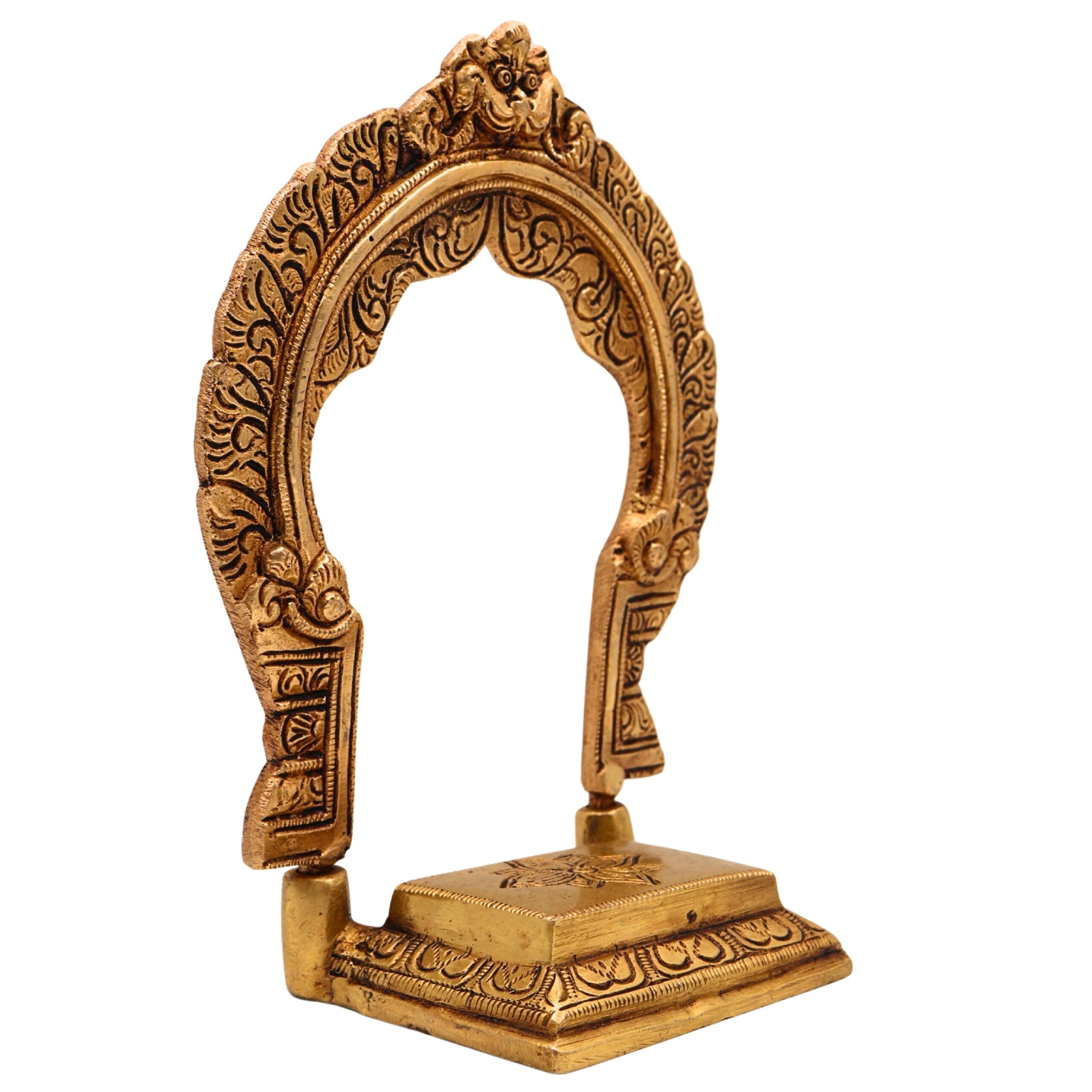 Brass Chowki with Prabhavali, Singhasan with Arch, Peetha Bajot Deity Platform for Temple Pooja Mandir, Gold, 7 Inch, 1 Piece