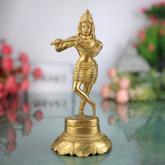Brass Lord Krishna Idol Playing Flute, Venugopal Kanha Murti, Peetal Govinda Gopala Statue for Pooja, Mandir, Home Decor & Spiritual Gifts, Gold, 7.5 Inch, 1 Piece