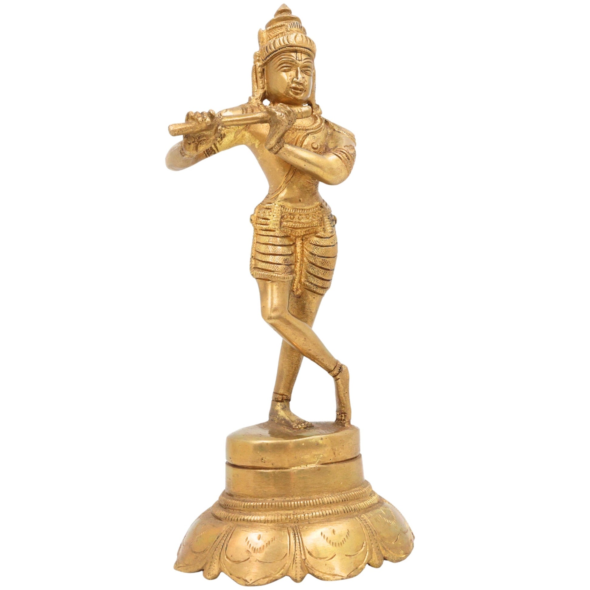 Brass Lord Krishna Idol Playing Flute, Venugopal Kanha Murti, Peetal Govinda Gopala Statue for Pooja, Mandir, Home Decor & Spiritual Gifts, Gold, 7.5 Inch, 1 Piece