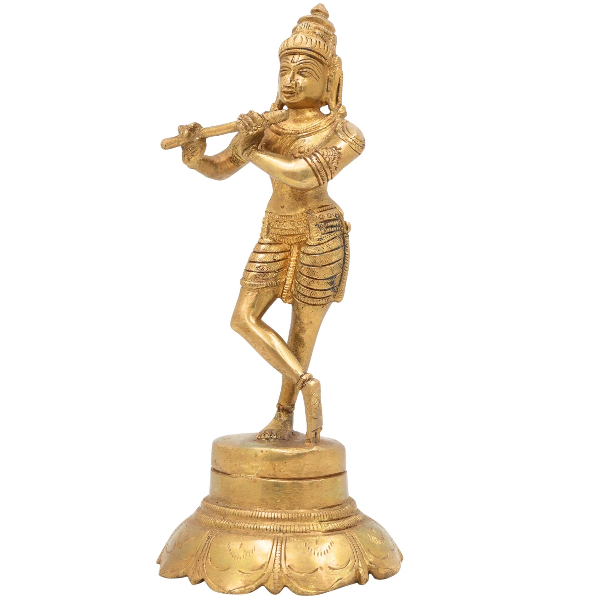 Brass Lord Krishna Idol Playing Flute, Venugopal Kanha Murti, Peetal Govinda Gopala Statue for Pooja, Mandir, Home Decor & Spiritual Gifts, Gold, 7.5 Inch, 1 Piece