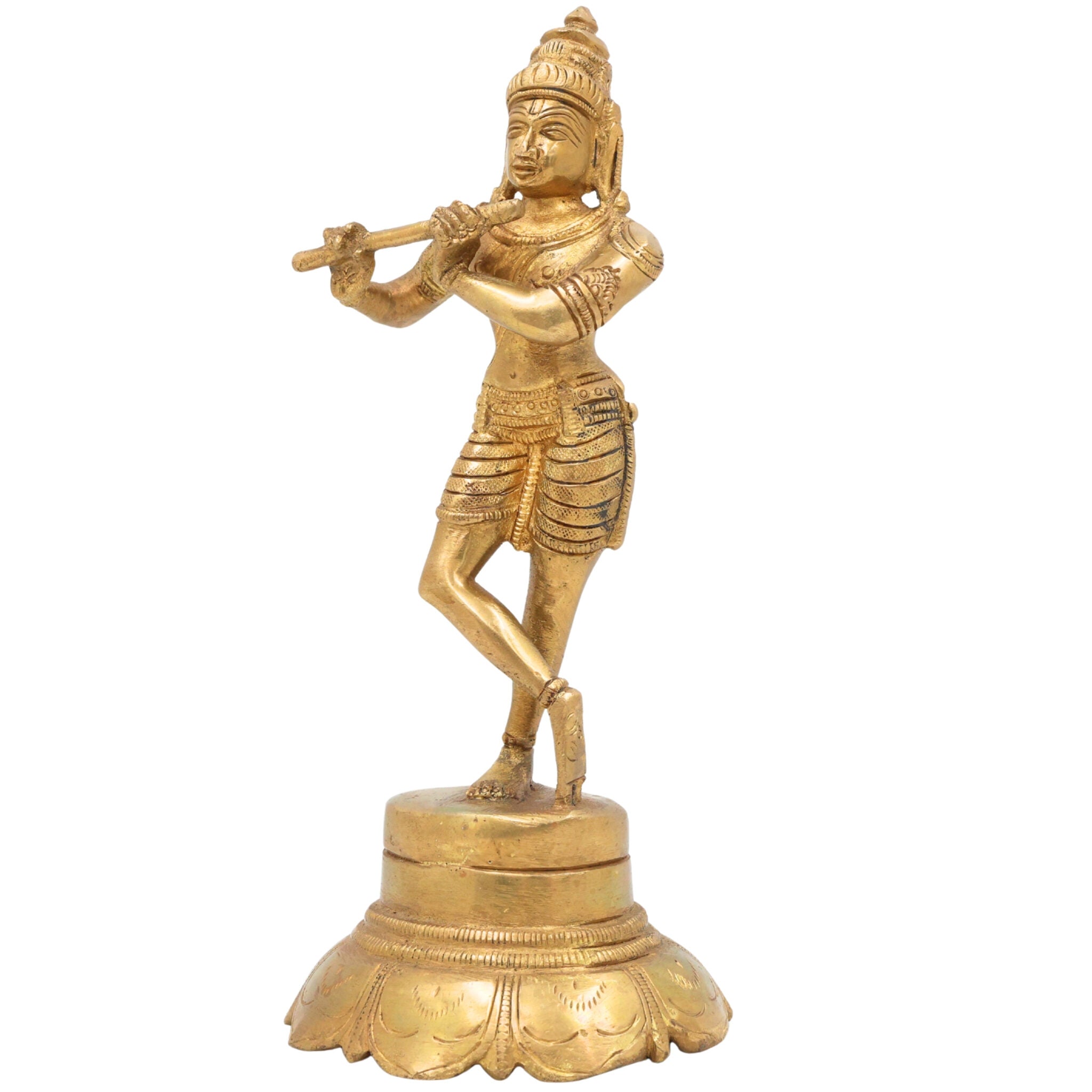 Brass Lord Krishna Idol Playing Flute, Venugopal Kanha Murti, Peetal Govinda Gopala Statue for Pooja, Mandir, Home Decor & Spiritual Gifts, Gold, 7.5 Inch, 1 Piece
