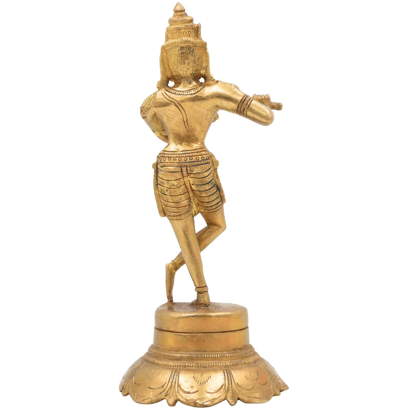 Brass Lord Krishna Idol Playing Flute, Venugopal Kanha Murti, Peetal Govinda Gopala Statue for Pooja, Mandir, Home Decor & Spiritual Gifts, Gold, 7.5 Inch, 1 Piece