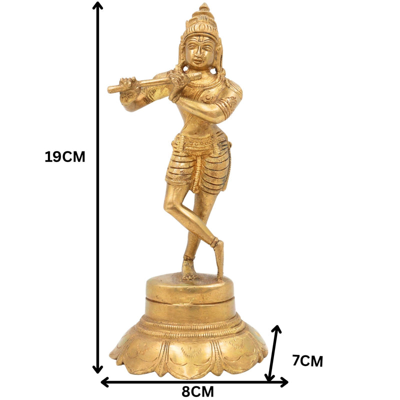 Brass Lord Krishna Idol Playing Flute, Venugopal Kanha Murti, Peetal Govinda Gopala Statue for Pooja, Mandir, Home Decor & Spiritual Gifts, Gold, 7.5 Inch, 1 Piece