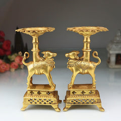 Brass Nandhi Stand Set of 2, Traditional Nandi Ox Deep Holder, Dhoop Dani, Diya & Candle Stand for Pooja Room, Temple Decor, Home Mandir, Yali Lion Pillar Style, Gold, 8.5 Inch, 1 Piece