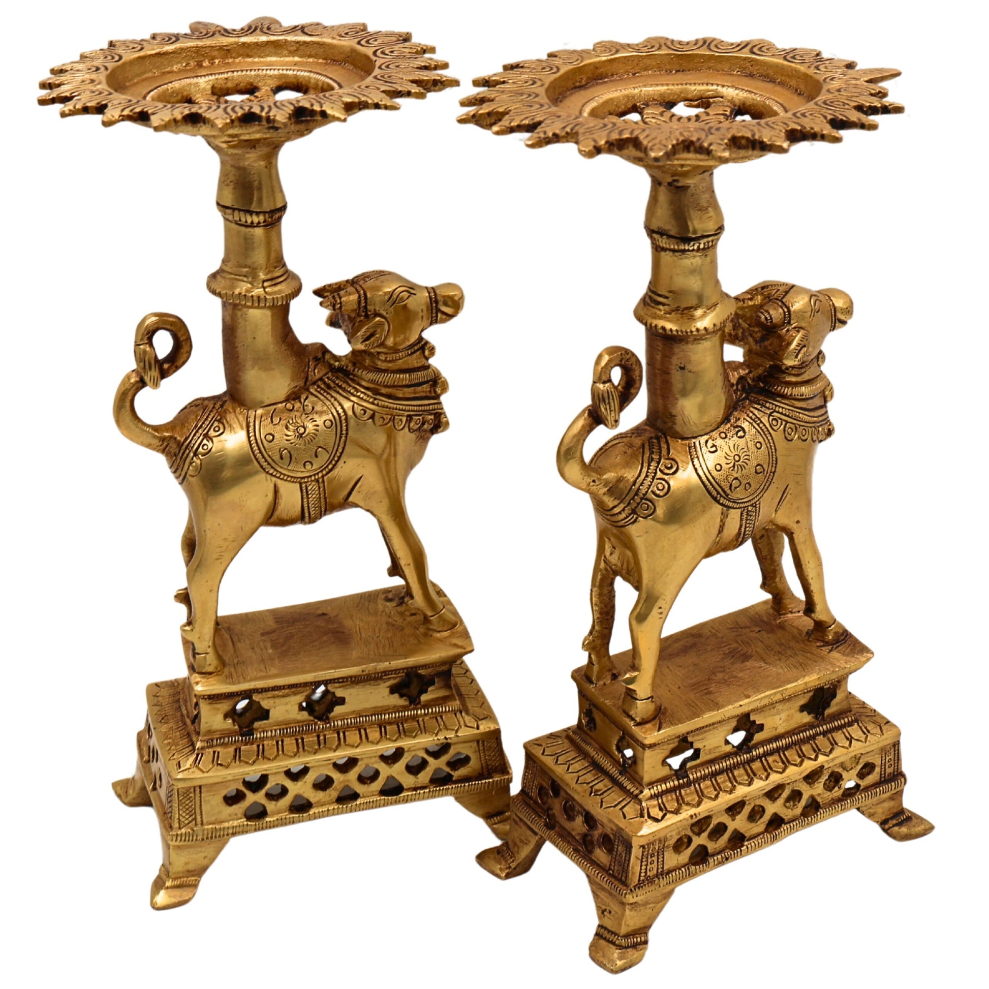 Brass Nandhi Stand Set of 2, Traditional Nandi Ox Deep Holder, Dhoop Dani, Diya & Candle Stand for Pooja Room, Temple Decor, Home Mandir, Yali Lion Pillar Style, Gold, 8.5 Inch, 1 Piece