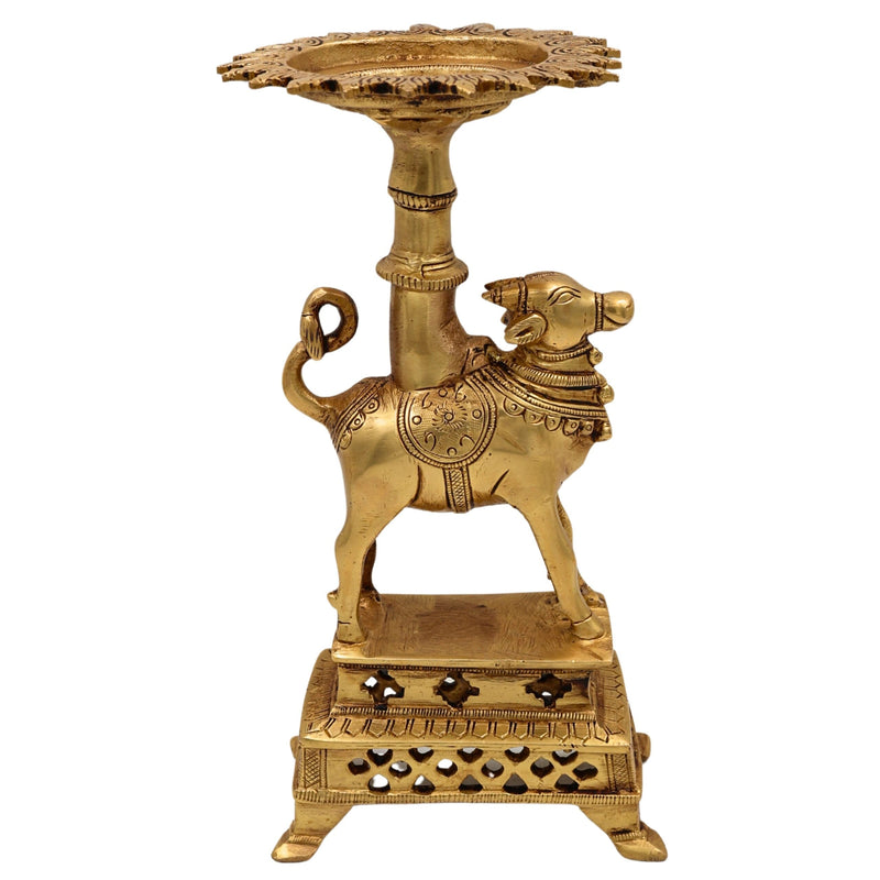 Brass Nandhi Puja Stand with Deep Holder, Candle, Diya & Dhoop Burner, traditional South Indian Temple Decor, Gold, 8.5 Inch, 1 Piece