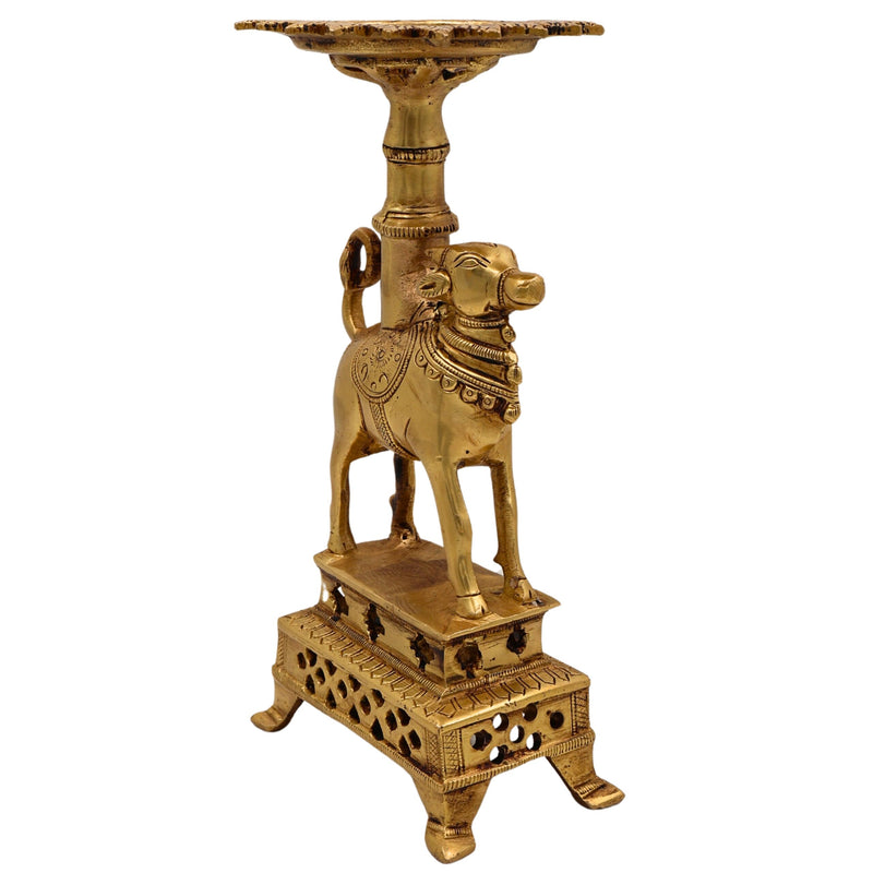 Brass Nandhi Puja Stand with Deep Holder, Candle, Diya & Dhoop Burner, traditional South Indian Temple Decor, Gold, 8.5 Inch, 1 Piece