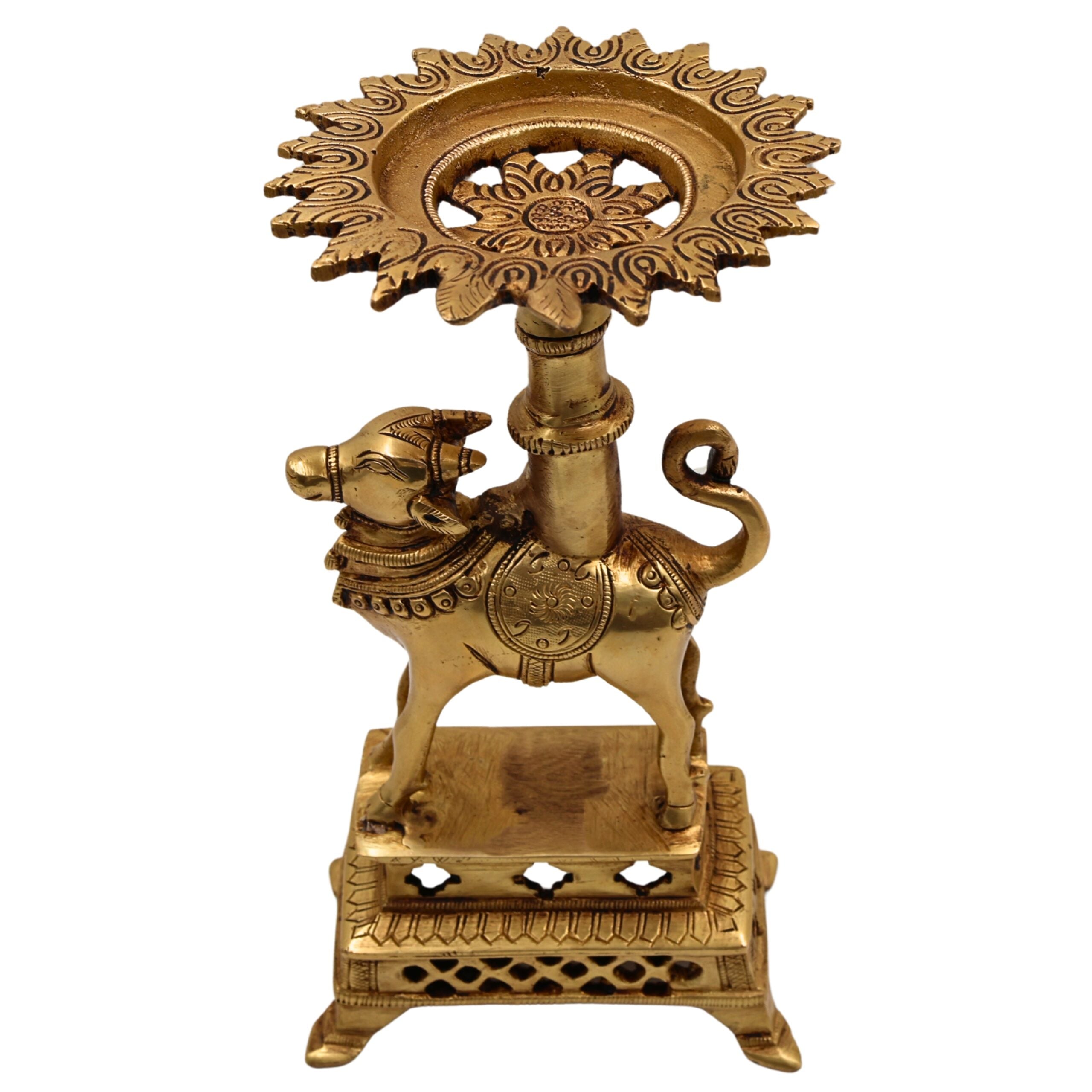 Brass Nandhi Puja Stand with Deep Holder, Candle, Diya & Dhoop Burner, traditional South Indian Temple Decor, Gold, 8.5 Inch, 1 Piece
