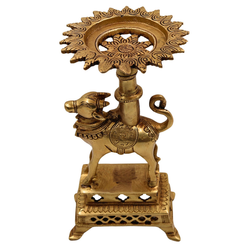 Brass Nandhi Puja Stand with Deep Holder, Candle, Diya & Dhoop Burner, traditional South Indian Temple Decor, Gold, 8.5 Inch, 1 Piece