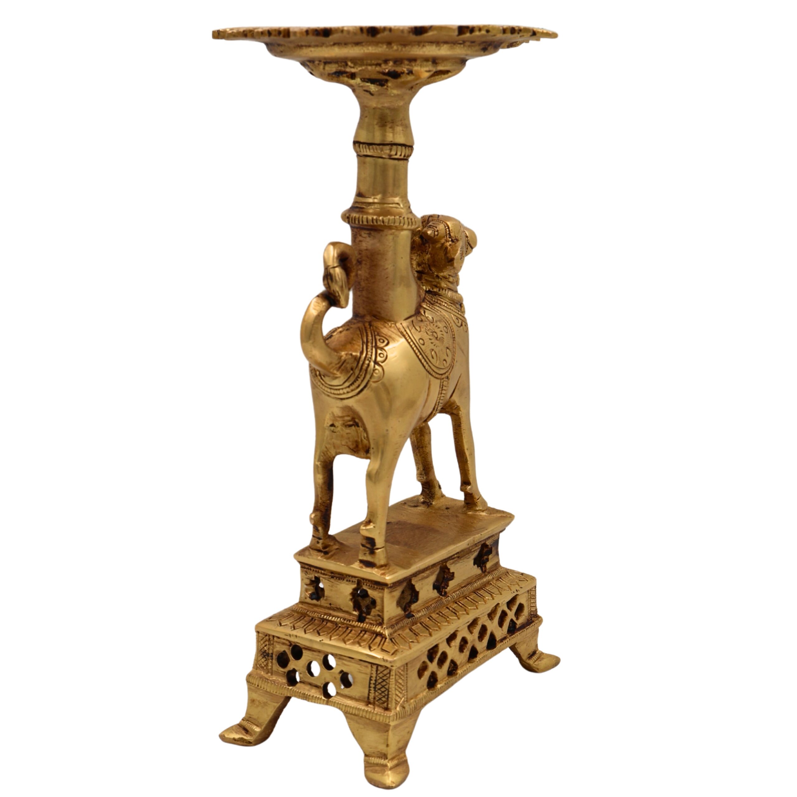 Brass Nandhi Puja Stand with Deep Holder, Candle, Diya & Dhoop Burner, traditional South Indian Temple Decor, Gold, 8.5 Inch, 1 Piece