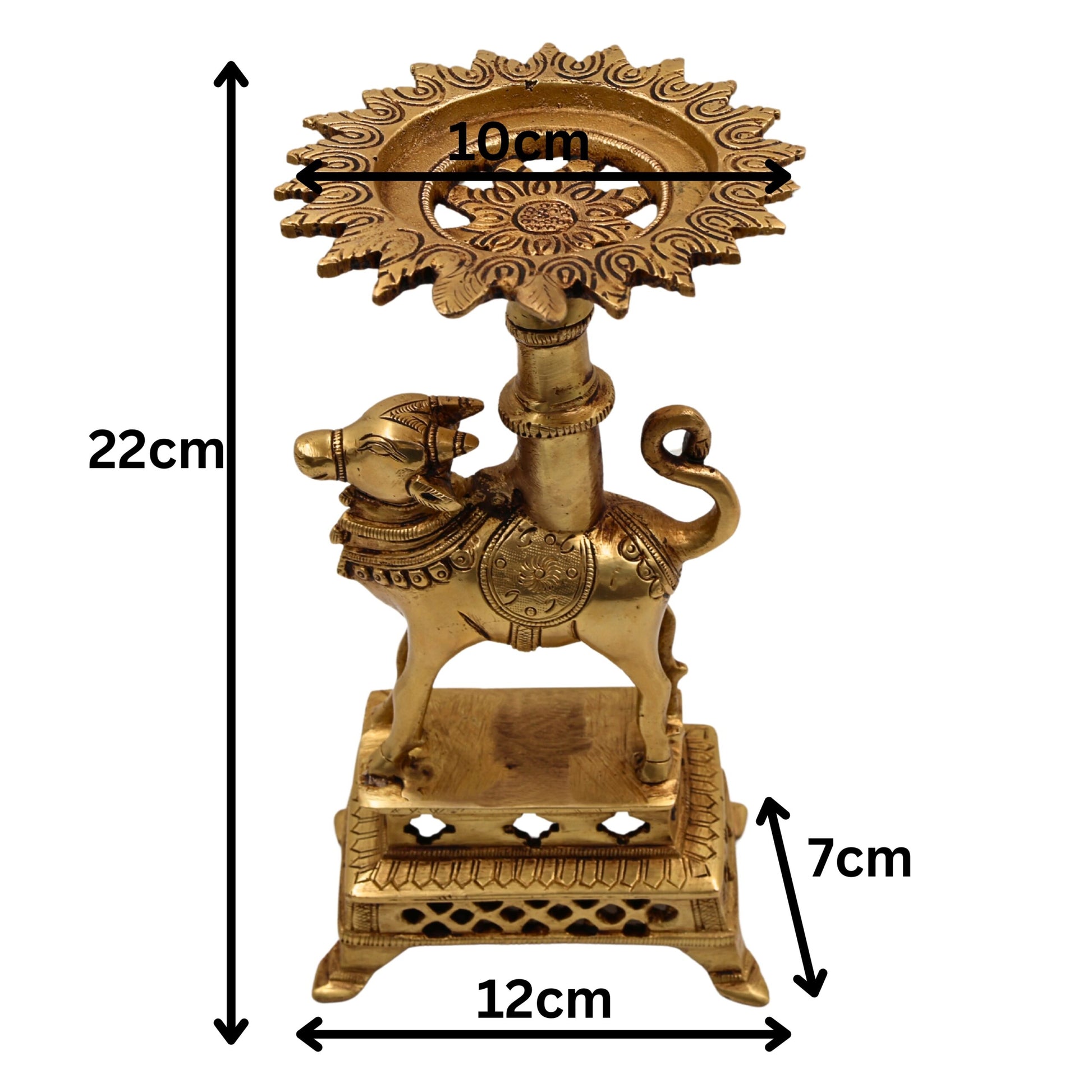 Brass Nandhi Puja Stand with Deep Holder, Candle, Diya & Dhoop Burner, traditional South Indian Temple Decor, Gold, 8.5 Inch, 1 Piece