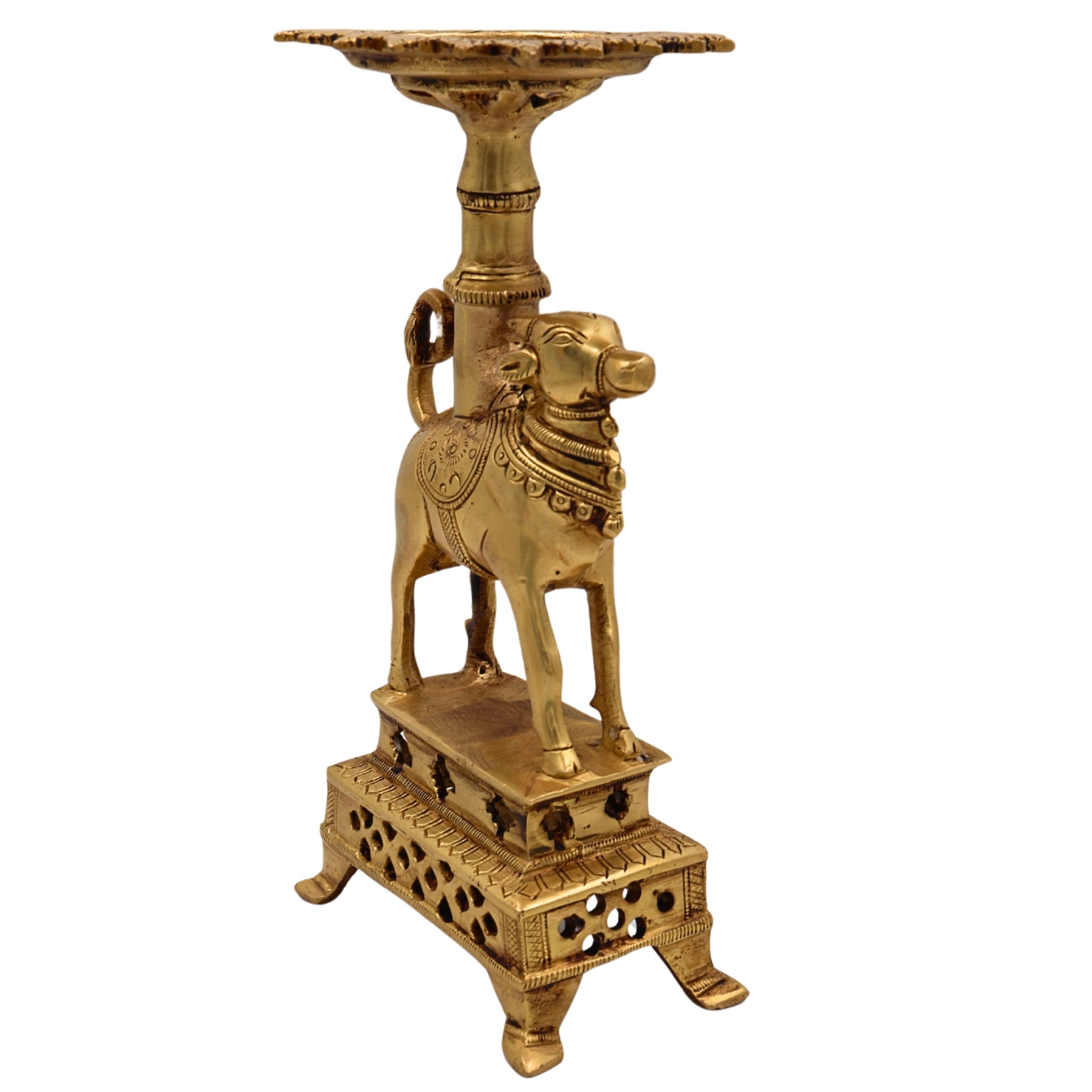 Brass Nandhi Puja Stand with Deep Holder, Candle, Diya & Dhoop Burner, traditional South Indian Temple Decor, Gold, 8.5 Inch, 1 Piece