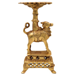 Brass Nandhi Puja Stand with Deep Holder, Candle, Diya & Dhoop Burner, traditional South Indian Temple Decor, Gold, 8.5 Inch, 1 Piece
