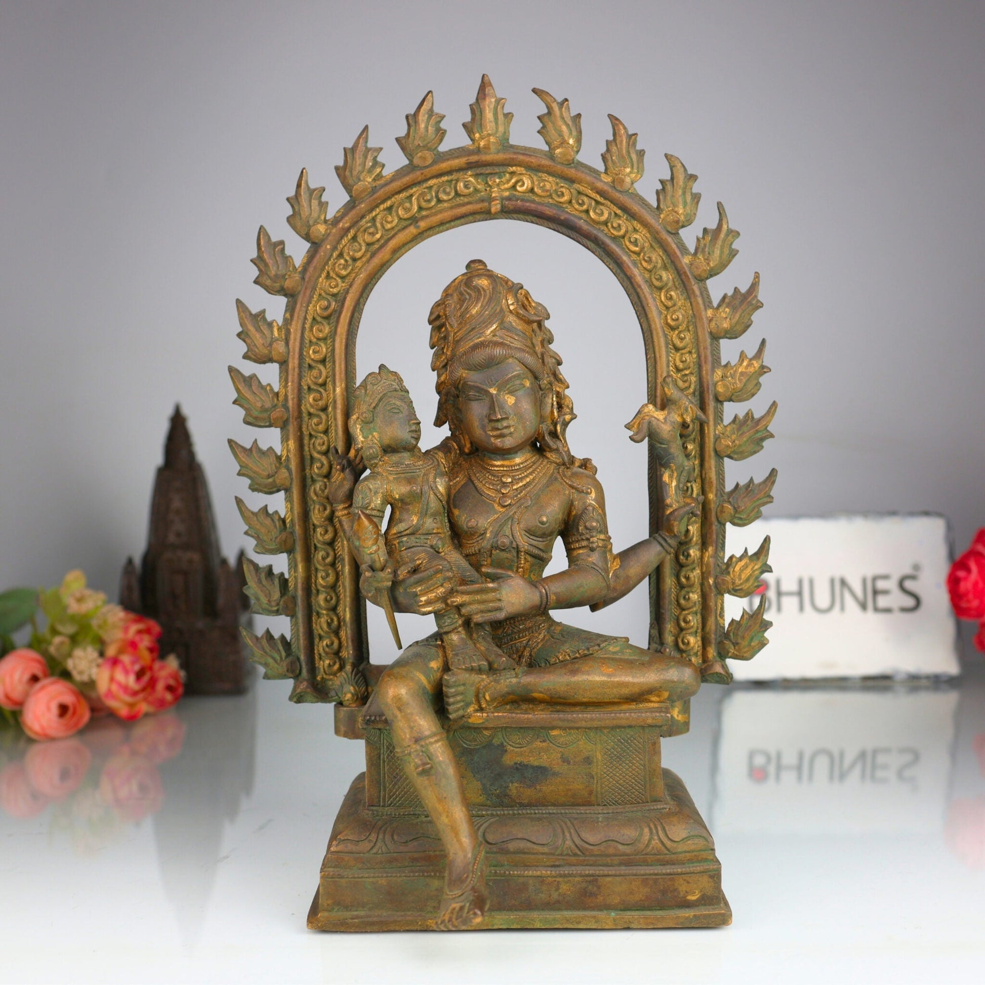 Handcrafted Bronze Shiva with Kartikeya Idol | Mahadev Panchaloha Murti | Chola Art Shiva Statue for Puja & Home Décor | Bholenath, Rudra, Neelkanth Sculpture,Brown, 13 Inch, 1 Piece