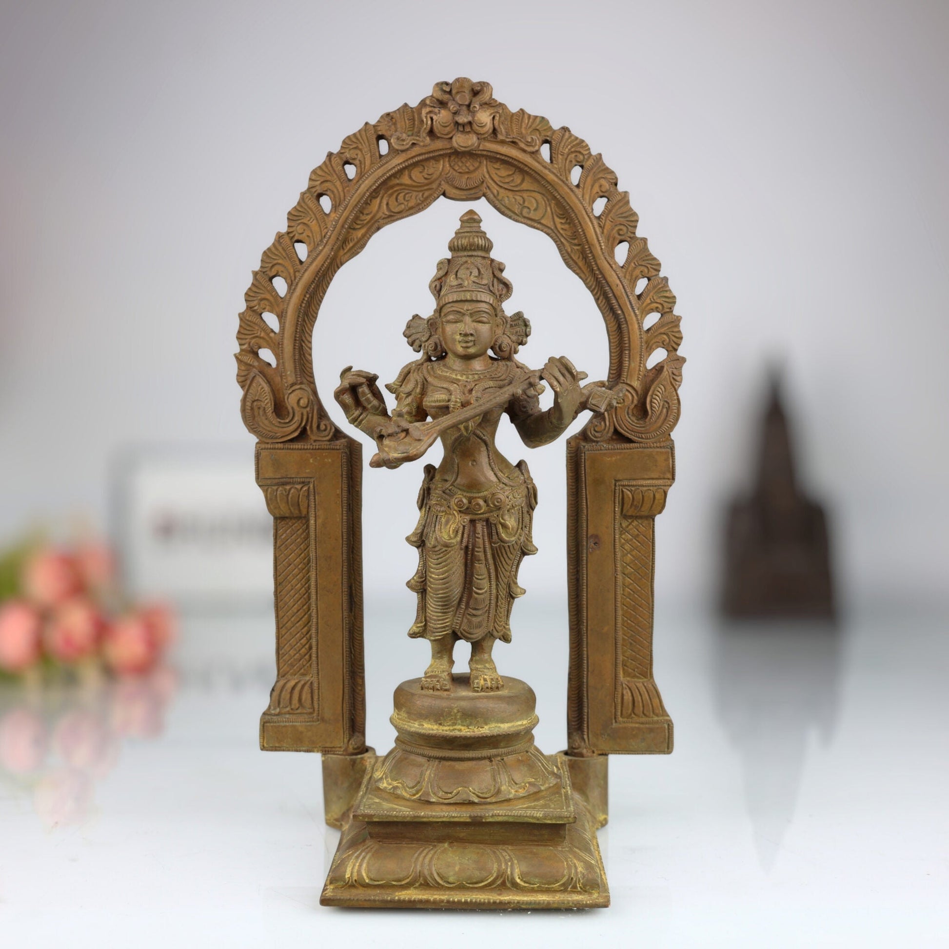 Handmade Bronze Saraswati Idol, Panchaloha Goddess Statue Sharada, Vani, Veena Pustak Dharini Murti for Home, Temple & Office Decor,Brown, 11 Inch, 1 Piece