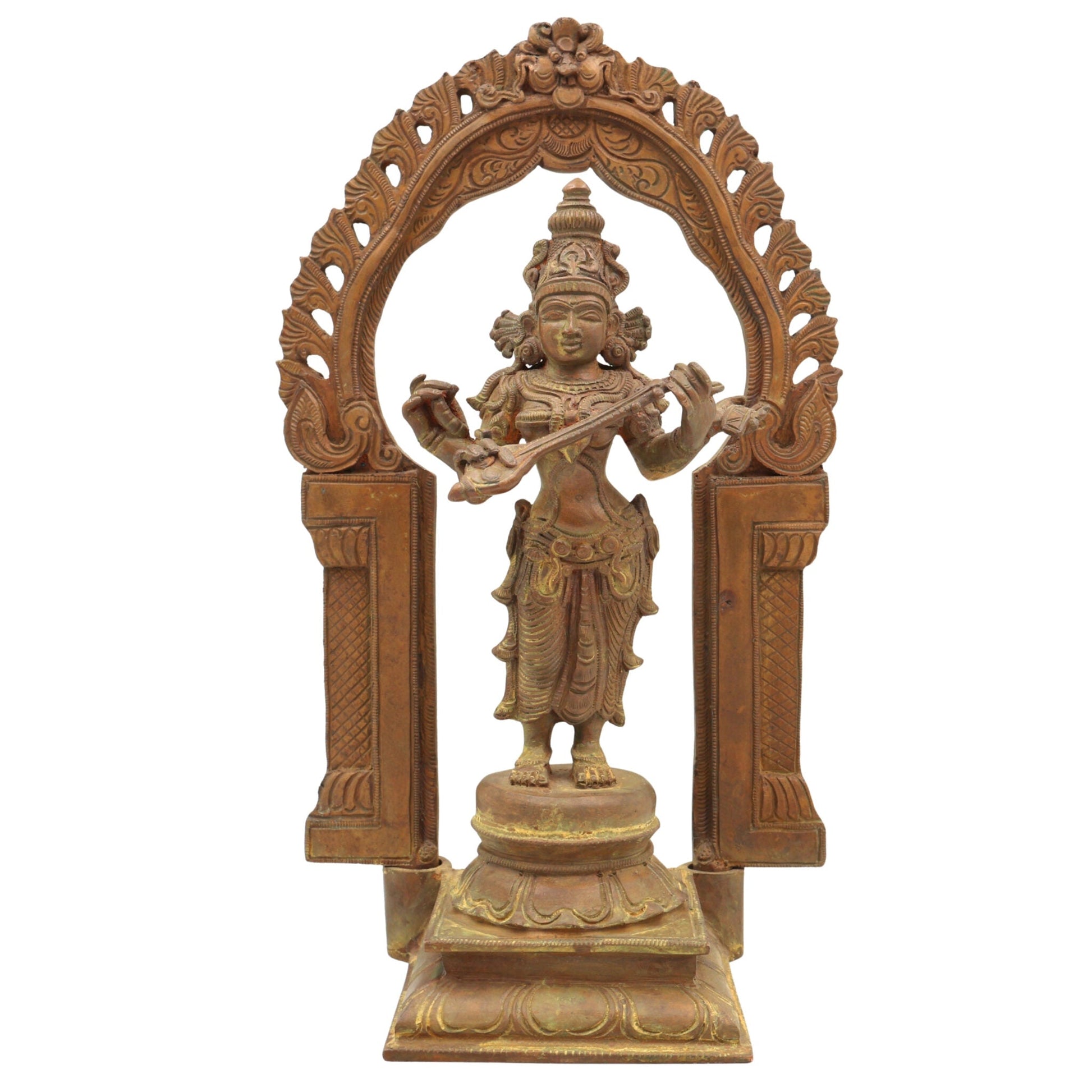 Handmade Bronze Saraswati Idol, Panchaloha Goddess Statue Sharada, Vani, Veena Pustak Dharini Murti for Home, Temple & Office Decor,Brown, 11 Inch, 1 Piece